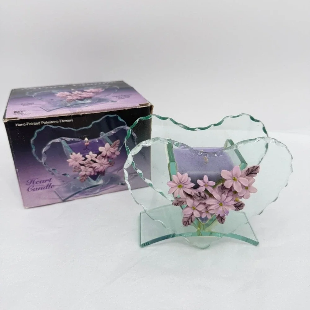 Giftco Heart Candle Beveled‎ Glass Holder Polystone Flowers Purple Decor Gift